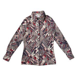 70s Vintage Abstract Print Blouse Pointed Dagger Collar Geometric Dot Pattern.